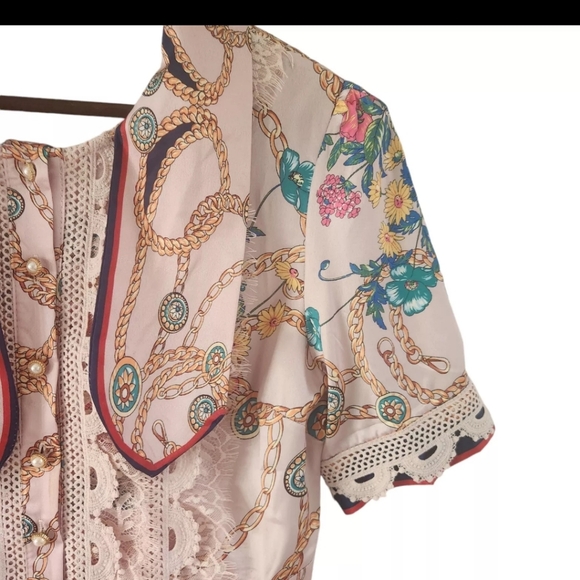 Dalia Macphee Pink Floral Lace Chains Pleated Midi Dress Size M New - Picture 6 of 9